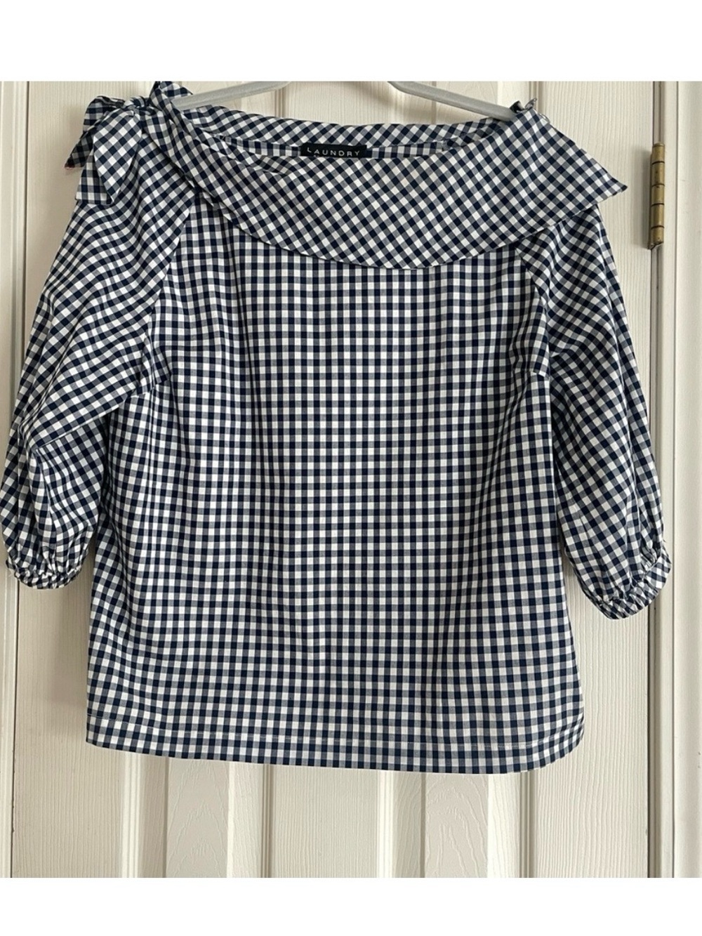 Laundry By Shelli Segal Navy and White Gingham Boatneck Top